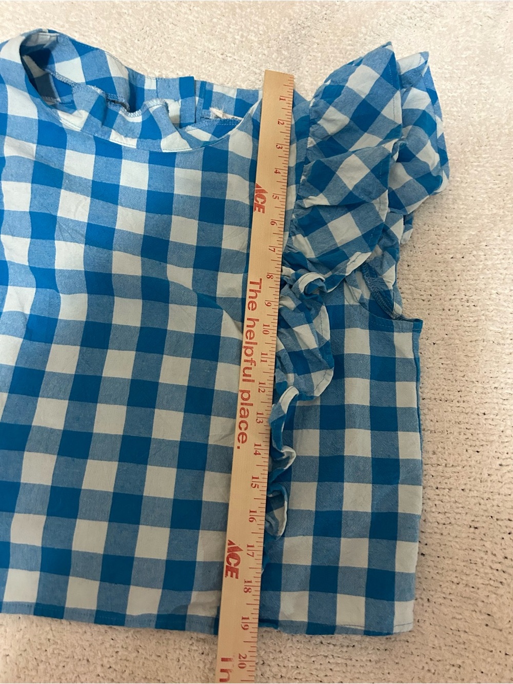 Entro Boutique Top Size L Blue Gingham Cotton Ruffle Feminine Boxy Cropped Boho - Picture 7 of 7